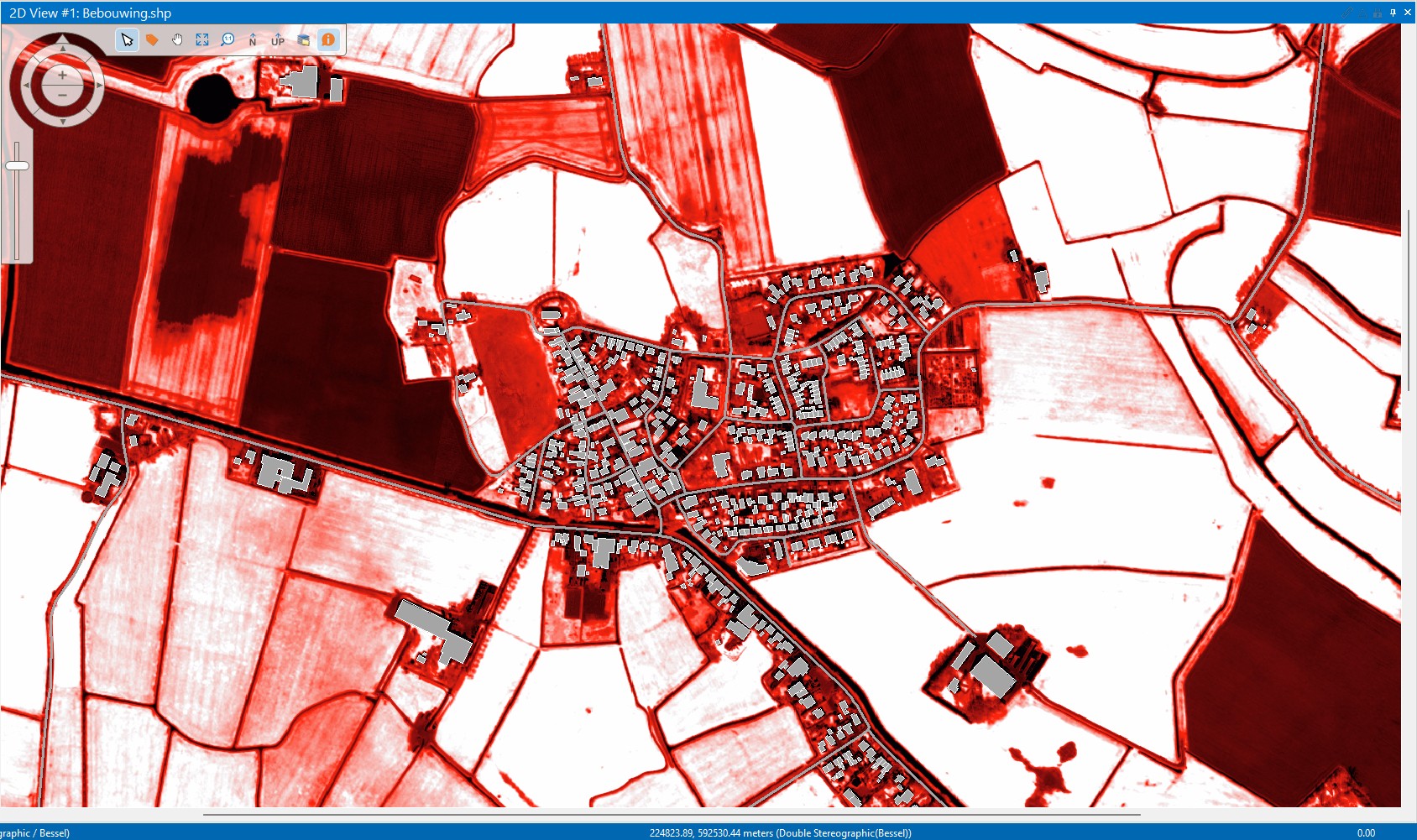 Remote sensing: De NVDI bij Ezinge, hoe roder hoe lager de waarde.